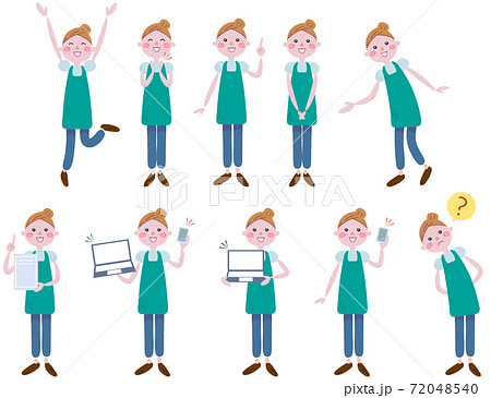 エプロンを付けた女性のさまざまな表情　セット　イラスト	 72048540