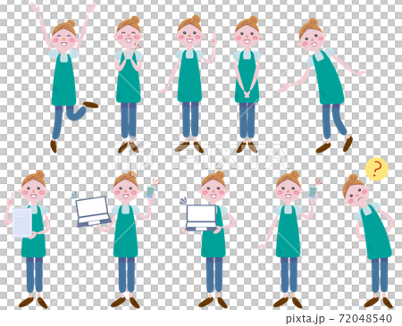 Illustration of various facial expressions of a woman wearing an apron 72048540