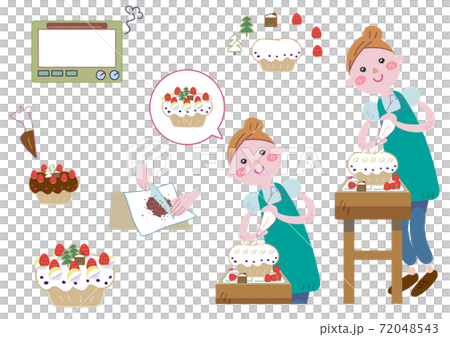 楽しそうにスイーツをつくる女性 セット イラストのイラスト素材