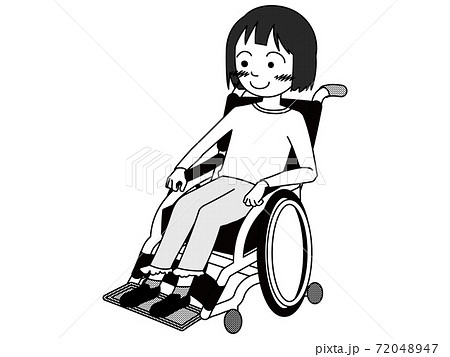車椅子に乗った女の子 主線あり モノクロのイラスト素材 7447