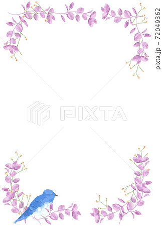 優しいタッチの幸せを運ぶ青い鳥とユーカリのフレーム 72049362