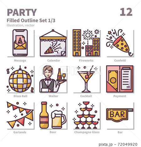 Party and Cebbertion icons set, Filled Outline, vector and illustration set 1 72049920