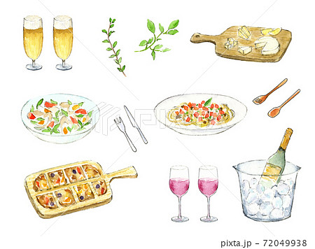 ホームパーティー ワインとビールと料理 手描き水彩イラストセットのイラスト素材