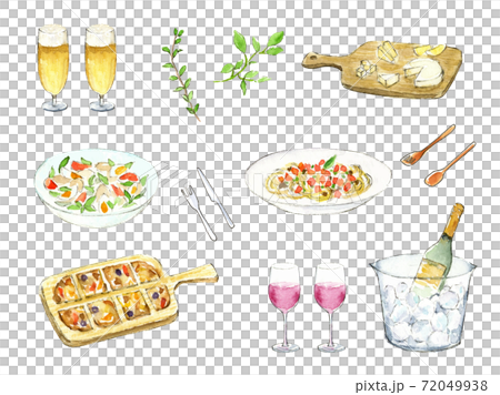 ホームパーティー　ワインとビールと料理　手描き水彩イラストセット 72049938