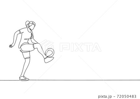 One continuous line drawing of young sporty woman soccer freestyler player practice ball juggling in the street. Football freestyle sport concept. Dynamic single line draw design vector illustration 72050483