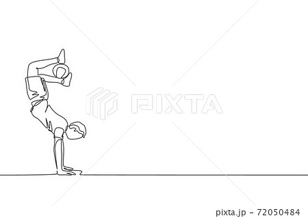 One continuous line drawing of young man soccer freestyler practice keep the ball with feet while handstand in the street. Football freestyle sport concept. Single line draw design vector illustration 72050484