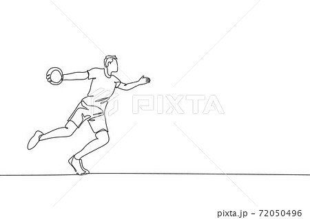 One continuous line drawing of young sporty woman exercise to throw discus on the ground field. Athletic games. Olympic sport concept. Dynamic single line draw design vector graphic illustration 72050496