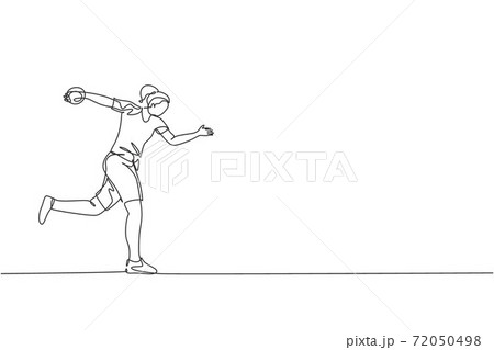 One single line drawing of young energetic woman exercise to powerfully throw discus into field ground vector illustration. Healthy lifestyle athletic sport concept. Modern continuous line draw design 72050498