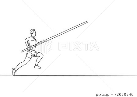 One continuous line drawing of young sporty man practicing pole vault jump in the field. Healthy athletic sport concept. Championship event. Dynamic single line draw design graphic vector illustration 72050546