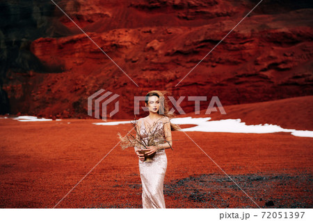 Portrait of a bride model in a golden wedding evening dress, in a yellow-red sandy quarry, in the crater of a volcano in Iceland, Golden Circle. Bouquet of snags and golden branches in a vase. Portrait of a bride model in a golden wedding evening dress, in a yellow-red sandy quarry, in the crater of a volcano in Iceland, Golden Circle. Bouquet of snags and golden branches in a vase. 72051397