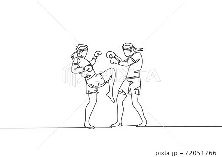 Single continuous line drawing of two young sportive men training thai boxing at gym club center. Combative muay thai sport concept. Competition event. Trendy one line draw design vector illustration Single continuous line drawing of two young sportive men training thai boxing at gym club center. Combative muay thai sport concept. Competition event. Trendy one line draw design vector illustration 72051766