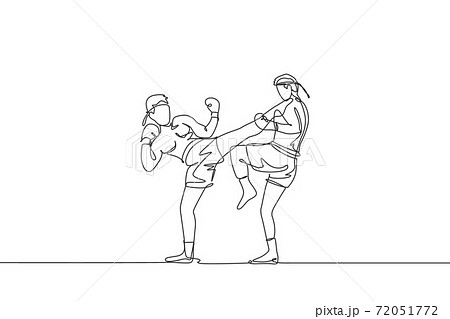 One single line drawing of two young energetic muay thai fighter men train to duel at gym fitness center vector illustration. Combative thai boxing sport concept. Modern continuous line draw design One single line drawing of two young energetic muay thai fighter men train to duel at gym fitness center vector illustration. Combative thai boxing sport concept. Modern continuous line draw design 72051772