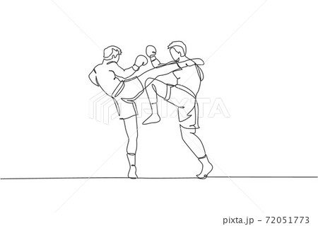 Single continuous line drawing of two young sportive men train fight sparring thai boxing at gym center together. Combative muay thai sport concept. Trendy one line draw design vector illustration 72051773