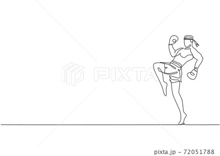 One continuous line drawing of young sporty muay thai boxer man preparing to fight, stance kick at box arena. Fighting sport game concept. Dynamic single line draw design graphic vector illustration 72051788