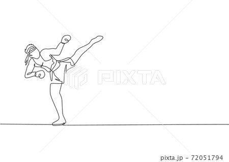Single continuous line drawing young sportive man training thai boxing at gym club center. Combative muay thai sport concept. Competition event. Trendy one line draw graphic design vector illustration 72051794
