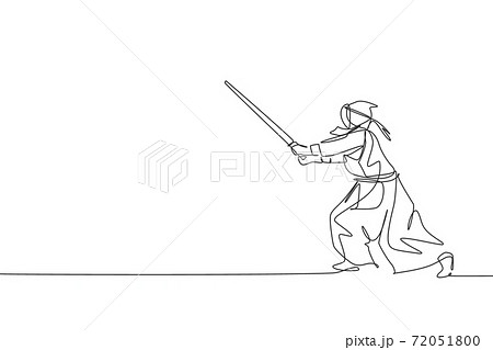 One continuous line drawing young sporty man training kendo defense move skill in dojo center. Healthy fighting martial art sport concept. Dynamic single line draw design graphic vector illustration 72051800