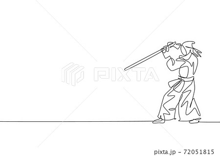 One single line drawing young energetic man exercise defense kendo move with wooden sword at gym center graphic vector illustration. Combative fight sport concept. Modern continuous line draw design 72051815