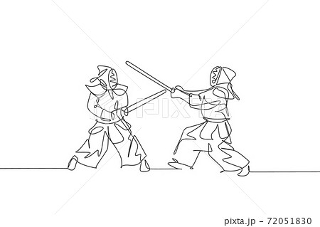 Single continuous line drawing of two young sportive men practicing kendo martial art skill on gym center. Sparring combat. Fighting sport concept. Trendy one line draw design vector illustration Single continuous line drawing of two young sportive men practicing kendo martial art skill on gym center. Sparring combat. Fighting sport concept. Trendy one line draw design vector illustration 72051830