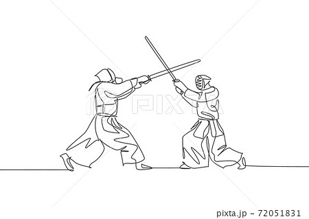One continuous line drawing two young men fighting to get kendo championship title skill in dojo center. Healthy martial art sport concept. Dynamic single line draw graphic design vector illustration One continuous line drawing two young men fighting to get kendo championship title skill in dojo center. Healthy martial art sport concept. Dynamic single line draw graphic design vector illustration 72051831