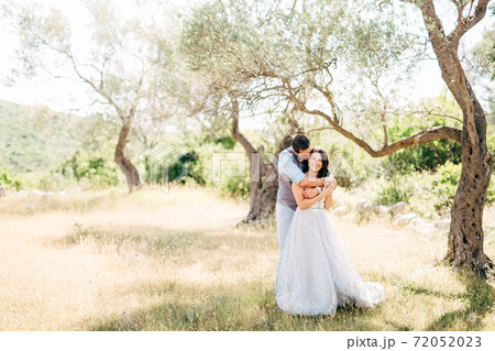 the groom gently hugs the bride from behind in the olive grove groom is kissing bride 72052023