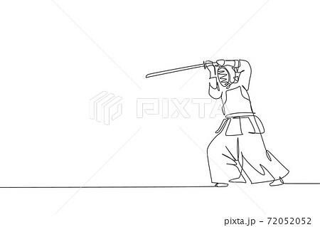 One continuous line drawing of young sporty man training kendo defense fighting skill in dojo center. Healthy martial art sport concept. Dynamic single line draw design vector illustration graphic 72052052