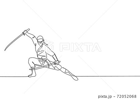 One continuous line drawing of young brave Japanese ninja character on black costume with attacking position. Martial art fighting concept. Dynamic single line draw design vector graphic illustration One continuous line drawing of young brave Japanese ninja character on black costume with attacking position. Martial art fighting concept. Dynamic single line draw design vector graphic illustration 72052068