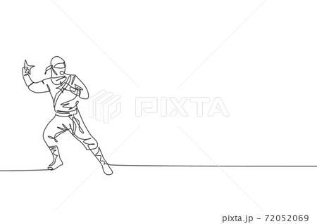 One single line drawing of young energetic Japanese traditional ninja holding star shuriken on attack pose vector illustration. Combative martial art sport concept. Modern continuous line draw design One single line drawing of young energetic Japanese traditional ninja holding star shuriken on attack pose vector illustration. Combative martial art sport concept. Modern continuous line draw design 72052069