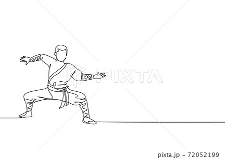 One continuous line drawing of young shaolin monk man practice kung fu style at temple ground . Traditional Chinese combative sport concept. Dynamic single line draw design vector graphic illustration 72052199