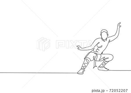 One continuous line drawing of young shaolin monk man practice kung fu style at temple ground . Traditional Chinese combative sport concept. Dynamic single line draw design vector illustration graphic 72052207