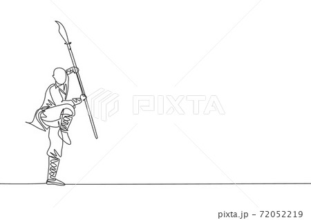 Single continuous line drawing of young muscular shaolin monk man holding spear training at shaolin temple. Traditional Chinese kung fu fight concept. Trendy one line draw design vector illustration Single continuous line drawing of young muscular shaolin monk man holding spear training at shaolin temple. Traditional Chinese kung fu fight concept. Trendy one line draw design vector illustration 72052219