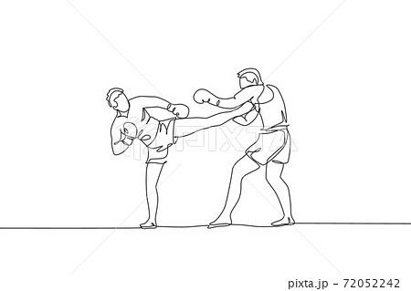One continuous line drawing of two young sporty men kickboxer athlete training together at gym center. Sparring fight. Combative kickboxing sport concept. Single line draw design vector illustration 72052242