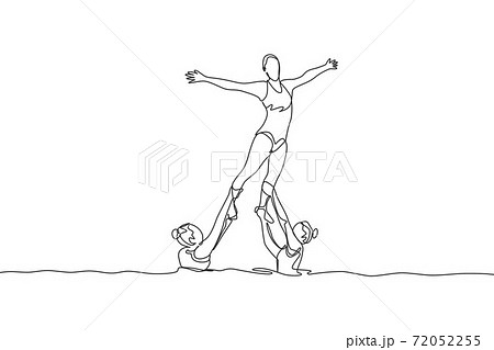 Single continuous line drawing of young sportive women perform beautiful synchronized swimming choreography. Group water sport competition concept. Trendy one line draw design vector illustration 72052255