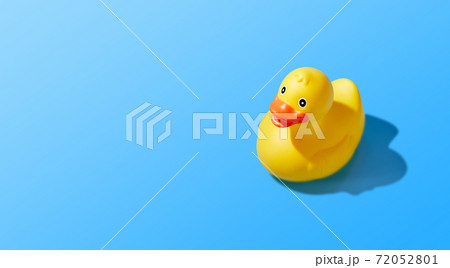 Isolated yellow rubber duck on a blue background. Copy space Isolated yellow rubber duck on a blue background. Copy space 72052801