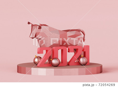 figurine of a low poly Red Metallic Bull on a stand with the number 2021, a symbol of the new year, 3d render figurine of a low poly Red Metallic Bull on a stand with the number 2021, a symbol of the new year, 3d render 72054269