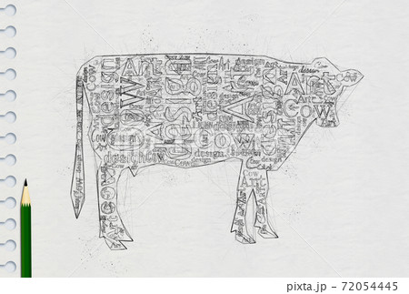 英単語で描いた芸術的な牛の鉛筆画のイラスト素材