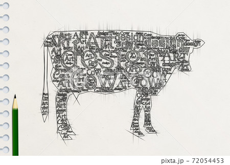 英単語で描いた芸術的な牛の鉛筆画のイラスト素材