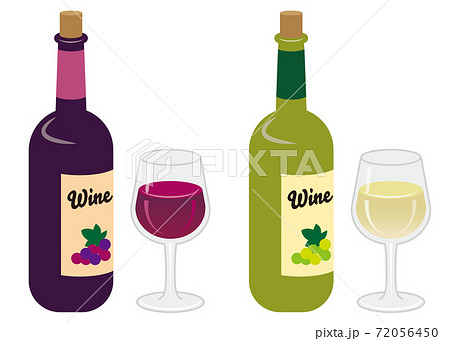 赤と白のワインボトルとグラスのイラストセット 白背景のイラスト素材