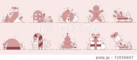 Christmas or new year flat illustrations. Santa Claus and reindeer, sock, sweets, gifts, tree, gingerbread, sleigh, bell, and decorations winter holidays compositions. 72056607