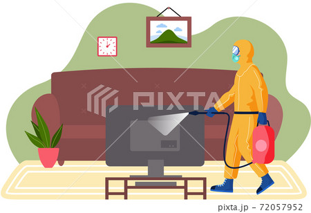 A man from epidemiological service doing disinfection in livingroom to kill viruses and bacteria 72057952