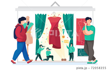 Photographer takes a picture of fashion designer in a sewing workshop interior for fashion magazine 72058355