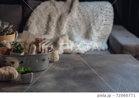 Festive decorations, modern design isolated on grey and white background. Copy Space for ad, design. 72060771