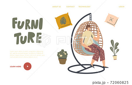 Comfortable Furniture for Outdoor Area Landing Page Template. Female Character Relaxing in Wicker Suspended Chair Comfortable Furniture for Outdoor Area Landing Page Template. Female Character Relaxing in Wicker Suspended Chair 72060825