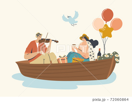 Young Happy Couple Man and Woman Floating Boat at Water Surface. Male Character Playing Violin, Female Drinking Tea 72060864