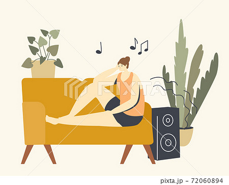 Relaxed Female Character Listen Relaxing Music. Sitting on Couch in Living Room with Dynamics Playing Melody. Relaxation 72060894