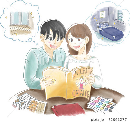 内装の雑誌を見ている日本人のカップルのイラスト素材