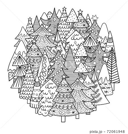 Christmas trees circle shape pattern for coloring book. Black and white print 72061948