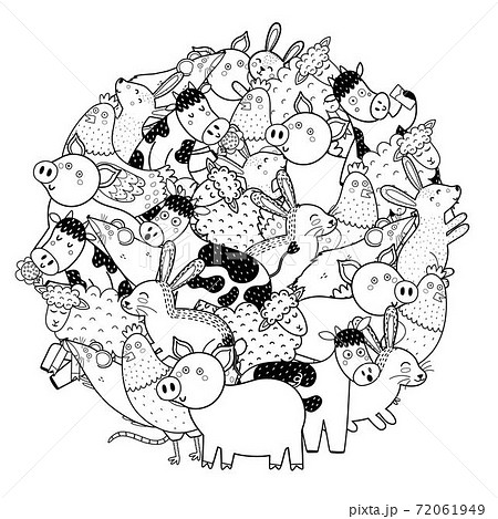 Circle shape coloring page with funny farm characters. Cute animals black and white print 72061949