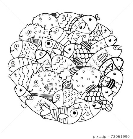 Circle shape coloring page with cute fish. Sea life animals black and white print 72061990