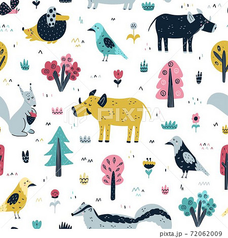 Woodland animals seamless pattern in Scandinavian style. Trendy forest background Woodland animals seamless pattern in Scandinavian style. Trendy forest background 72062009