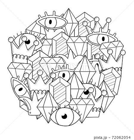 Circle shape coloring page with crystals and eyes. Mysterious doodle mandala Circle shape coloring page with crystals and eyes. Mysterious doodle mandala 72062054
